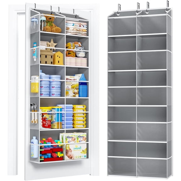 80LBS Heavy Duty Over the Door Organizer, 5-Tier 2-in-1 Hanging Storage with 10 Clear Window Pockets & 10 Mesh Side Pockets, Baby-Safe Space Saver for Nursery, Pantry and Bathroom, Grey