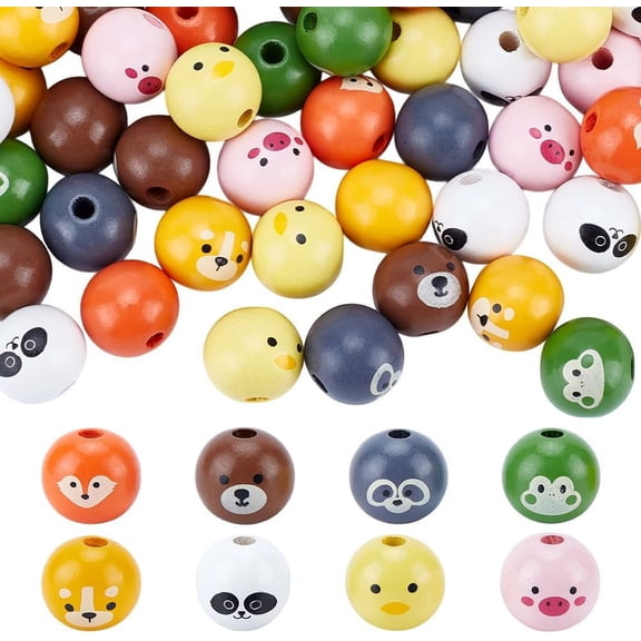 80PCS Animal Printed Wood Beads 8 Styles 19mm Wooden Farmhouse Animals Beads with Dog Pig Fox Bear Frog Pattern Round Wood Beads