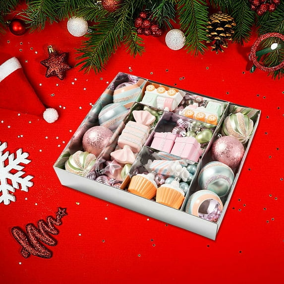 80PCS Christmas Dessert Ornaments Set, Glitter Candy Cake Giftbox Christmas Balls Hanging Pendants, Shatterproof Plastic Xmas Baubles Decoration for Xmas Tree Party Holiday