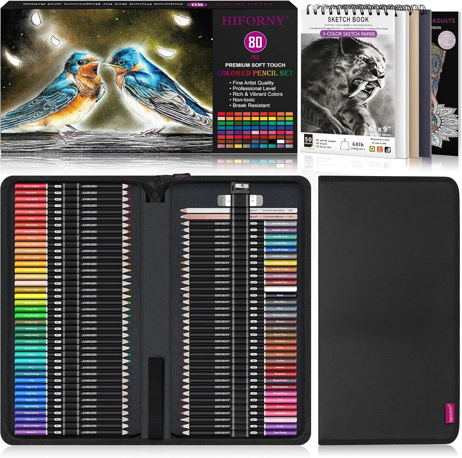 80PCS Colored Pencils Set for Adults – 72 Soft Core Colored Pencils with Sketchbook, Coloring Book,Blender,Burnisher,Eraser,Sharpener & Color Chart – in Gift Box & Zipper Case