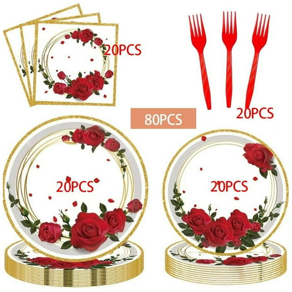 80PCS Disposable Dinnerware Set with 20 Large Plates, 20 Small Plates, 20 Forks & 20 Napkins for 20 Guests - Elegant Red Rose Gold Design for Weddings, Birthdays, Parties & Special Events