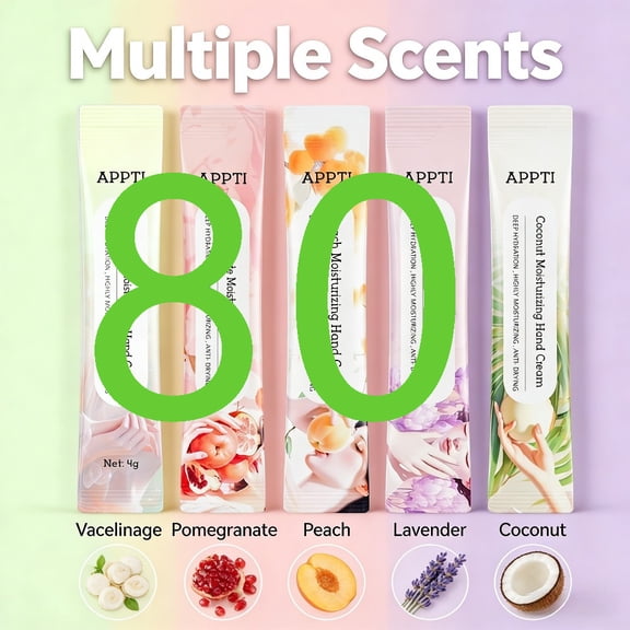 80PCS Hand Cream 4g/pcs Travel Size Individually Wrapped Moisturizing Hand Lotion, 5 Scents Coconut Peach Lavender Pomegranate Unscented, Dry Cracked Skin Repair Portable Strip Hand Cream
