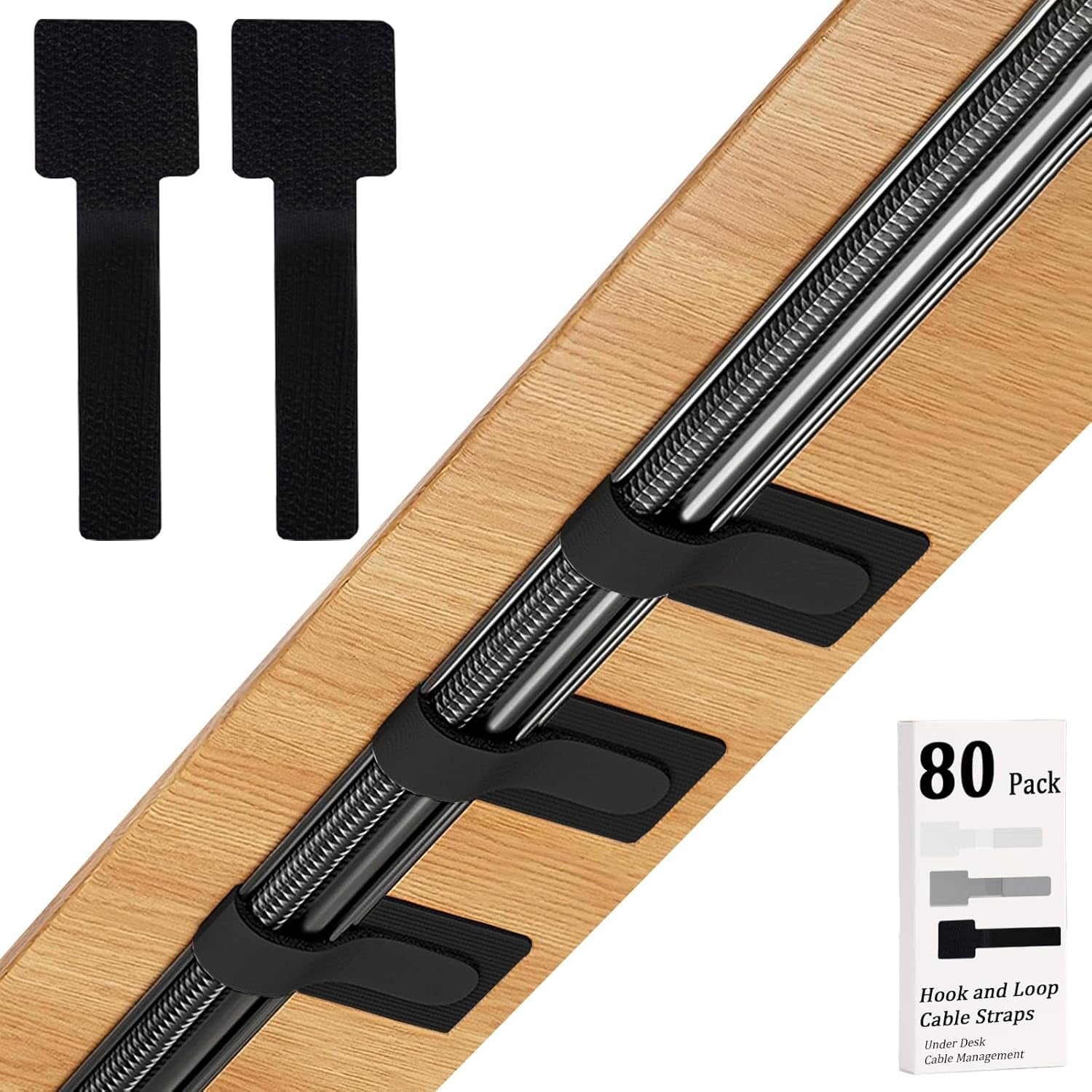 80PCS Hook and Loop Cable Straps, Cable Management Under Desk, Self Adhesive Cable Ties, Reusable Wire Organizers for Cords, Adjustable Cord Organizers for Desk, Home Office Essentials, Black