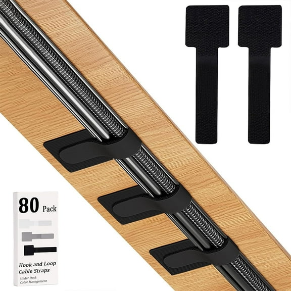 80PCS Hook and Loop Cable Straps, Cable Management Under Desk, Self Adhesive Cable Ties, Reusable Wire Organizers for Cords, Adjustable Cord Organizers for Desk, Home Office Essentials, Black