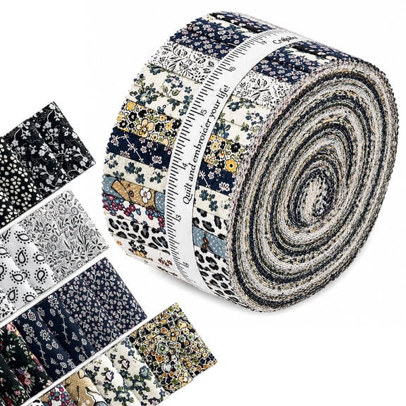 BCOOSS 80PCS Jelly Roll Fabric Strips for Quilting "2.5 x 20" Inch Cotton Fabric Bundles for Sewing DIY Crafts ,Black Geometric & Motif