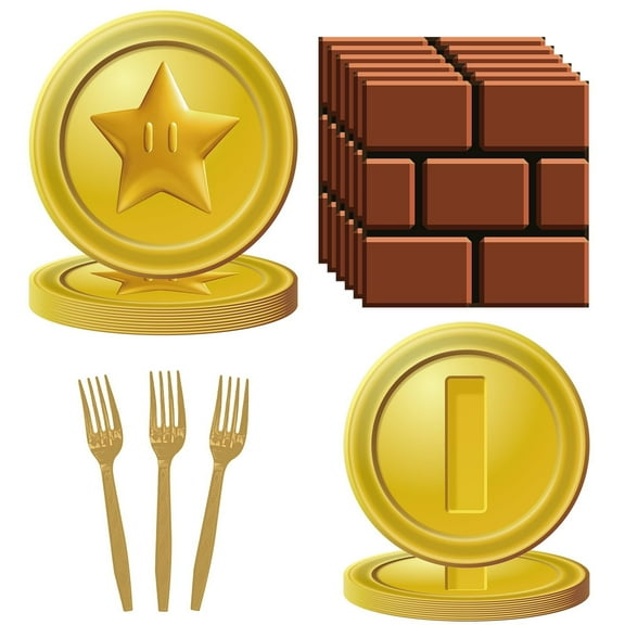 80PCS Mario Bros Birthday Supplies Kit for 20 Guests - Gold Mario Bros Theme Party Tableware Pack Includes Plates, Napkins, Plastic Forks