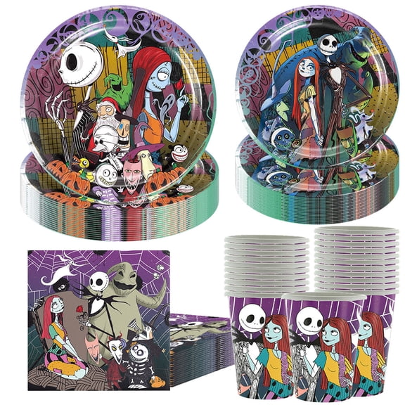 80PCS Nightmare Before Christmas Halloween Decorations Nightmare Christmas Birthday Tableware Set Halloween Plates and Napkins,Cups Halloween Birthday Party Decorations Serve 20