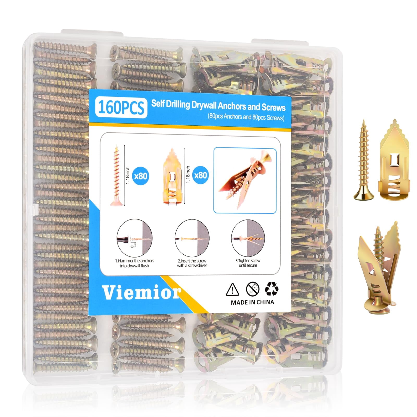 80PCS Self Drilling Drywall Anchors and Screws Kit, Upgraded 3 Sizes Zinc Plated Steel Self Drilling Drywall Anchors Screws, No Pre-Drill No Holes, Metal Screw Anchors Kit for Wall Hanging