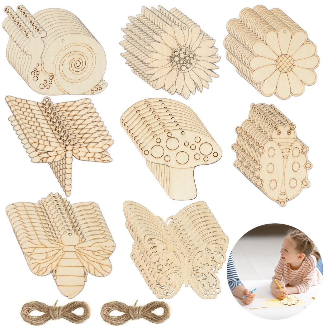 80PCS Unfinished Wooden Cutouts, Blank Wooden Paint Crafts for Kids, Wood Cutouts Ornaments with Water Color Pens, Butterfly Flower Unfinished Wooden Slices for Decoration