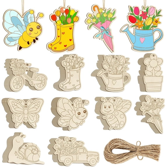 80PCS Wooden Spring Ornaments to Paint, 10 Styles DIY Blank Unfinished Wood Flower Cutouts Butterfly Ornament for Crafts Hanging Decorations, Cute Bee Flower Shape Home Decorations Gifts