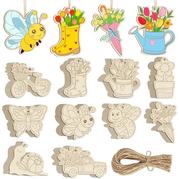 80PCS Wooden Spring Ornaments to Paint, 10 Styles DIY Blank Unfinished Wood Flower Cutouts Butterfly Ornament for Crafts Hanging Decorations, Cute Bee Flower Shape Home Decorations Gifts
