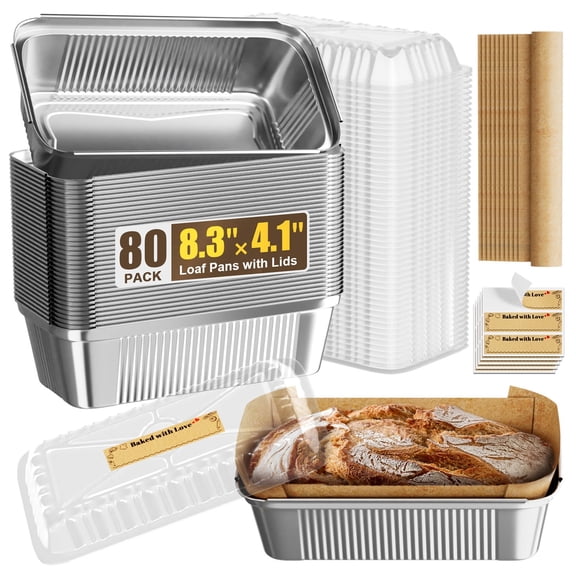 80Pack Aluminum Foil Pans with Lids, Disposable Tin Foil Bread Pans for Baking, Heavy Duty Loaf Pans, Baking Cakes,Camping,8.3" X 4.1" X 2.2”