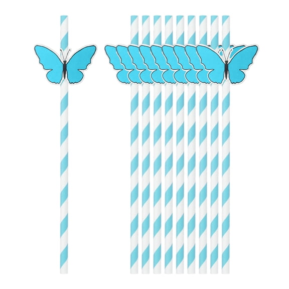 80Pack Butterfly Stripe Paper Straws, Disposable Drinking Straws, Blue