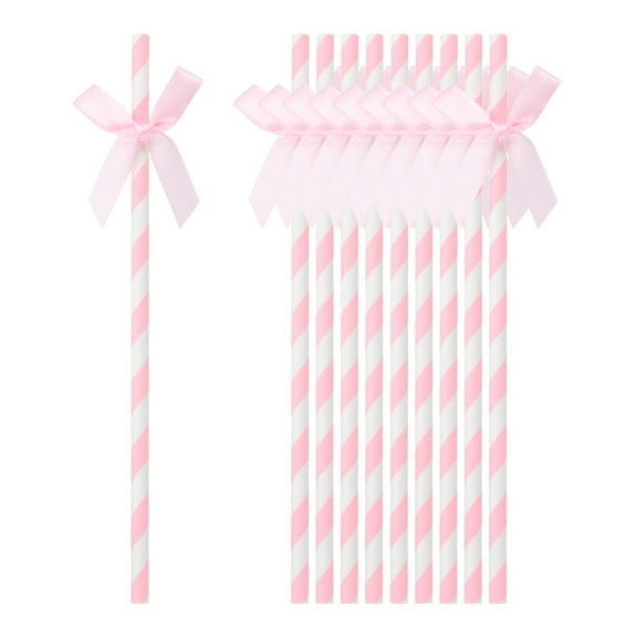 80Pack Ribbon Bow Stripe Paper Straws, Disposable Drinking Straws, Pink