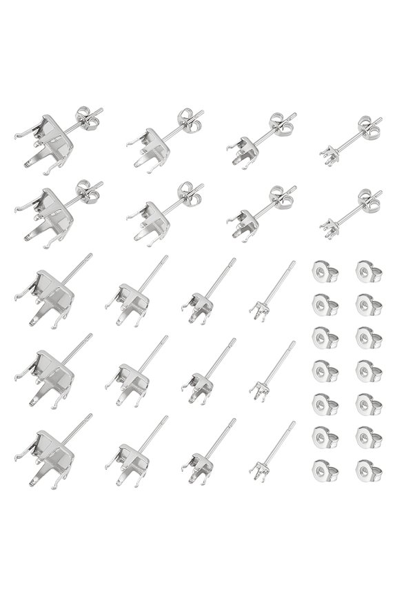80Pc 4 Style Square Stud Earring Settings Prong Earring Settings with 80Pc Ear Nuts Stainless Steel Color 3~9x3~9mm Pin 0.8mm Fit for 3~9mm Rhinestone