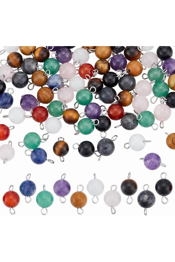 80Pcs 10 Colors Birthstone Charms Stone Connectors Charm for Jewelry Making Round Link Connector Charms Natural Gemstone Charms for Bracelets Necklaces Findings Gray