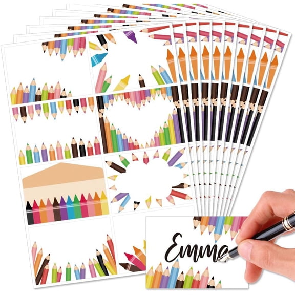 80Pcs/10 Sheets Color Pencil Name Tags Stickers 3.3x2.4 Inch Self Adhesive Name Tags Labels Blank Name Labels Crayon Theme Name Stickers