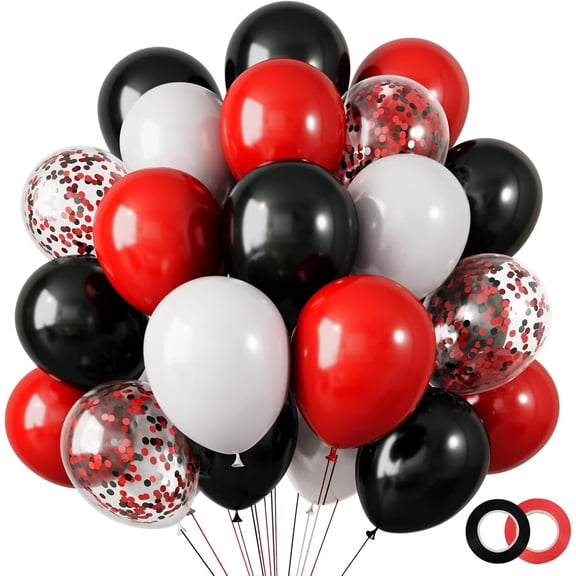 80Pcs 12 Inches, Red Black White Balloons Kit Party Balloons with Ribbons forfor Birthday, Wedding, Baby Shower, Graduation Decorations