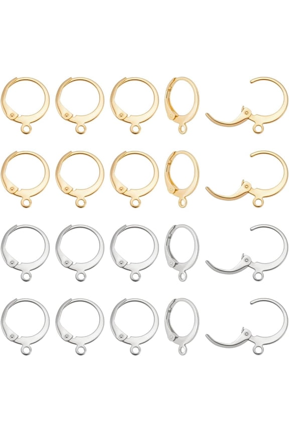 80Pcs 2 Color 304 Stainless Steel Leverback French Earring Findings Dangle Ear Wire Huggie Hoop 14.5mm Round Loops Earwires for DIY Jewelry Making Findings