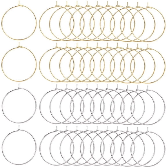 80Pcs 2 Colors Beading Hoop Earrings Wine Glass Charm 25mm Stainless Steel Wire Hoops Round Hoop Earring Findings for DIY Earring Making Wine Tasting Party Decor
