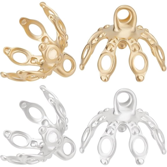 80Pcs 2 Colors Flower Bead Caps 24K Gold & 925 Sterling Silver Plated Bead Cap Pendant Bails with Loops Bracelet Necklace DIY Jewelry Making Crafts Supplies DIY