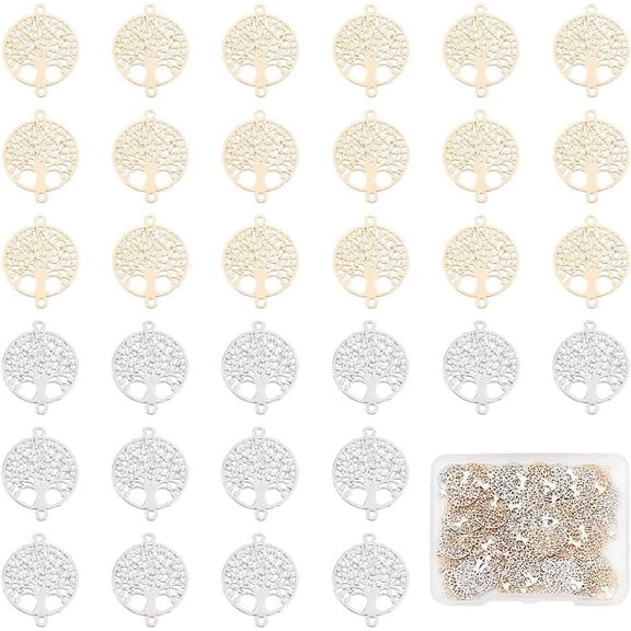 80Pcs 2 Colors Long-Lasting Plated Brass Links Connector Charms Flat Round with Tree Platinum & Light Gold 15x12x0.3mm Hole: 0.9mm 40pcs/color