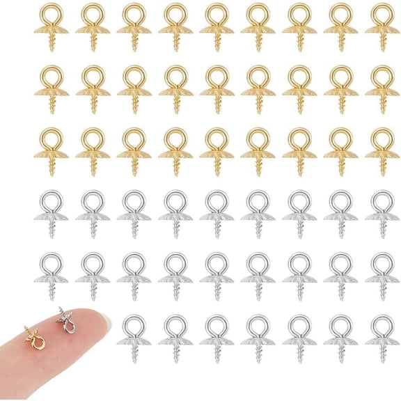 80Pcs 2 Colors Real 18K Gold Plated Stainless Steel Screw Eye Pin Peg Bails Small Cup Pearl Peg Screw Eye Pins Clasps Hooks for DIY Half Drilled Beads Bails Pendants for DIY Jewelry Making