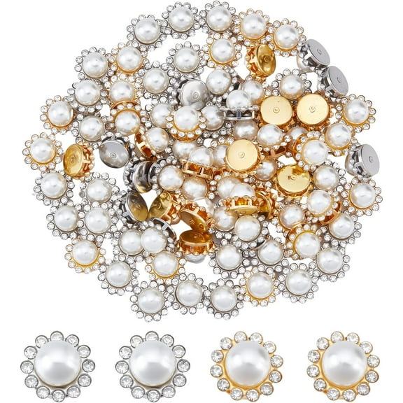 80Pcs 2 Colors Rhinestones Sew On Bright Flat Back Beads Buttons Flatback Pearl Flower Button