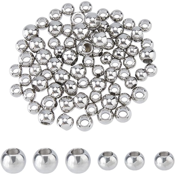 80Pcs 2 Styles Stainless Steel Round Bead 8/10mm Metal Spacer Bead Smooth Ball Beads Small Loose Beads Stackable Bracelet Beads Seamless Beads Large Hole Beads for Jewelry Making DIY
