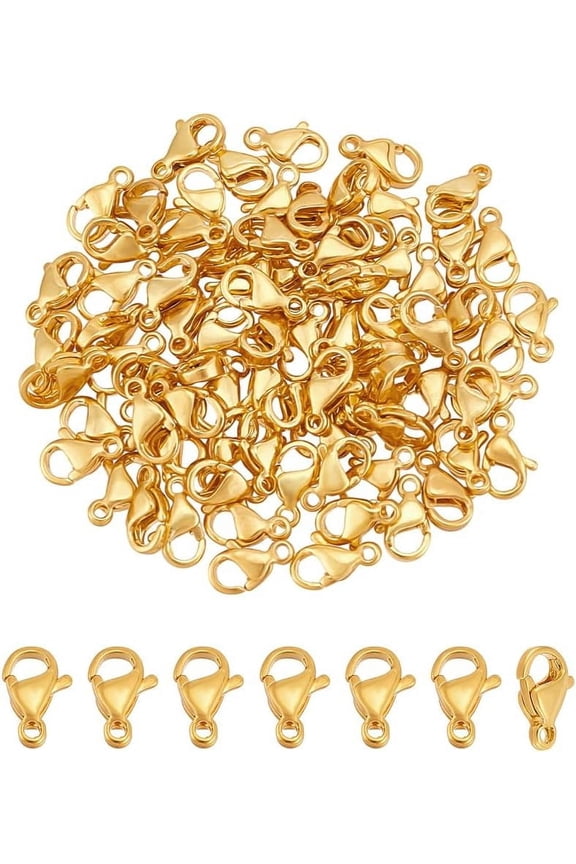 About 80Pcs 24K Gold Plated Necklace Clasps Stainless Steel Lobster Claw Clasp Bracelet Clasps 9mm Fastener Hook End Chain Clasps Jewelry Clasps and Closures for Bracelet Necklace Making