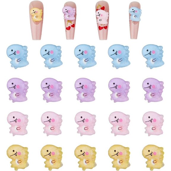80Pcs 4 Colors Glitter Dinosaur Nail Charms Translucent Resin Cabochons Pink Blue Purple Yellow Nail Art Decoration Accessories 3D Dinosaur Nail Studs Transparent Dinosaurs Nail Patches DIY