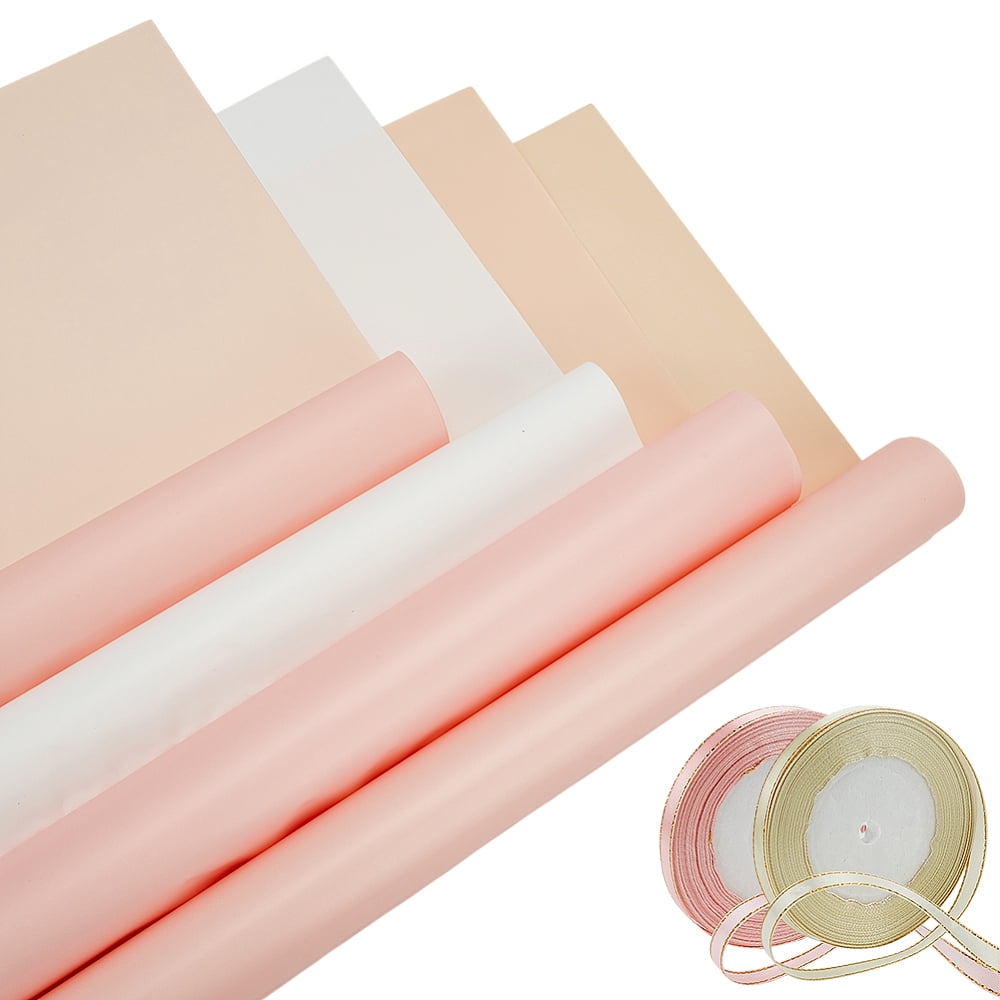 80Pcs 4 Colors Plastic Bouquet Wrapping Craft Paper Wedding Party Decoration with 4 Rolls Gold Edged Satin Ribbon Mixed Color 550~552x530~532x0.1mm