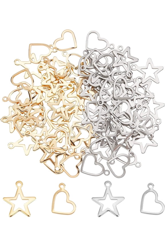 80Pcs 4 Style 304 Stainless Steel Pendants Cut-Out Hollow Mixed Shape Golden & Stainless Steel Color 10~15x13~14x0.8~mm Hole: 1~1.4mm 20pcs/style