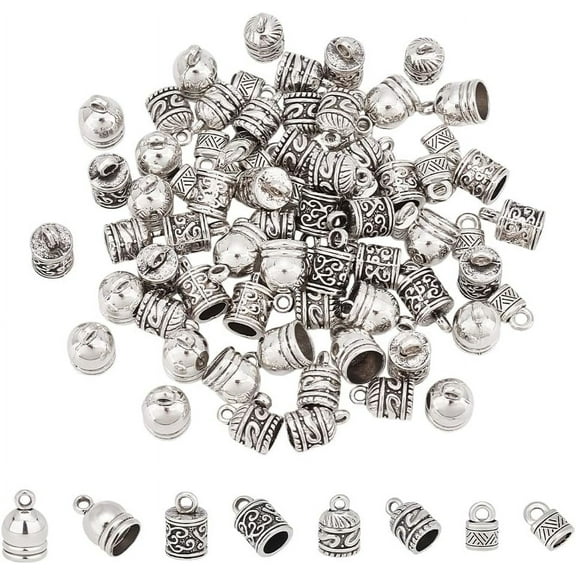 80Pcs 4 Style Tibetan Style Alloy Cord Ends End Caps Terminators Column Cadmium Free & Lead Free Antique Silver 10~14x4.5~9mm Hole: 2~2.5mm Inner Diameter: 5.5~8mm about 20pcs/style