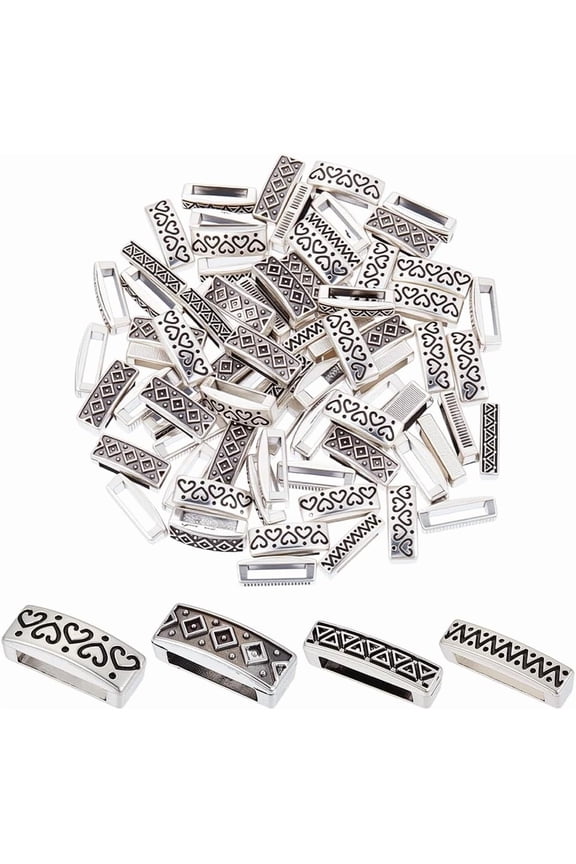 80Pcs 4 Styles Alloy Slider Spacer Carving Floral Buckle Beads 15.5x4mm Silver Waves Dots Sliders Bar Spacer Loops Bracelet Charms