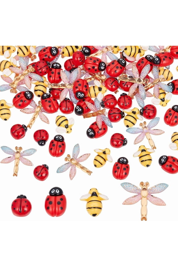 80Pcs 4 Styles Bee Embellishments Animal Cabochons Flatback Cartoon Ladybugs Wing Dragonfly Insect Opaque Colorful Resin Charms