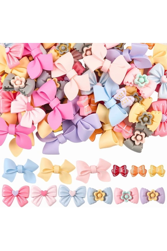 80Pcs 4 Styles Bow Cabochons Flatback Coquette Bow Charms Colorful Assorted Aesthetic Resin Kawaii Bowknot Small Tiny Embellishments