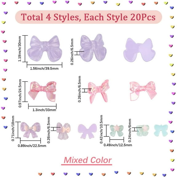 80Pcs 4 Styles Bow Cabochons Resin Bowknot Charms Bulk Random Mixed Color Flatback Bowties Shaped Scrapbooking Embellishment Cabochon for Phone Case Hairpins DIY Crafting Jewelry Making