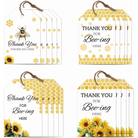 80Pcs 4 Styles Printed Paper Thank You Gift Tags Rectangle Bees 7.7x5.1cm Hole: 5mm 20pcs/style for DIY