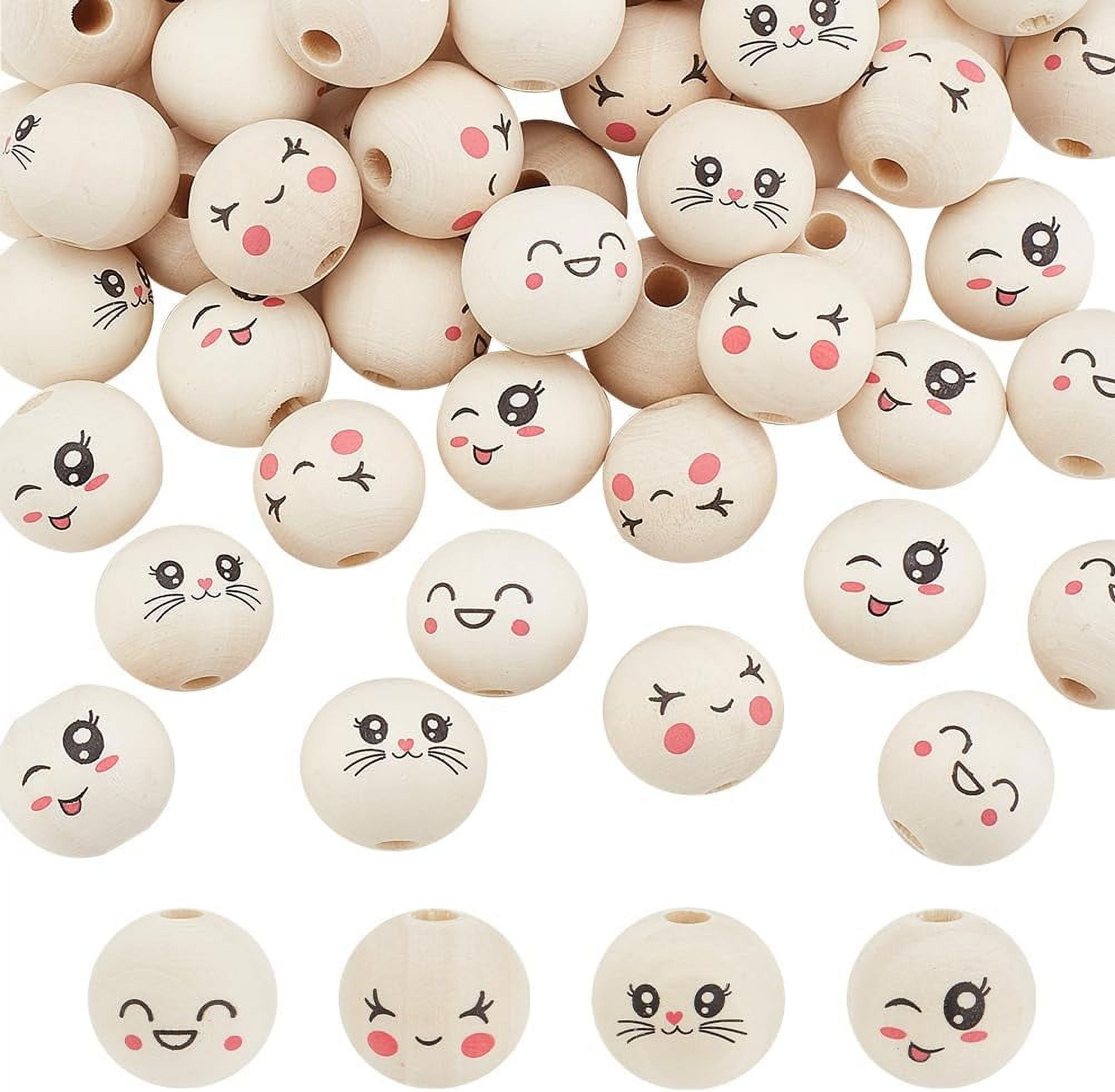 80Pcs 4 Styles Spacer Wood Smile Beads 17.5mm Wooden Beads Laughing Natural Face Print Round Beads for Animal Model Head Bracelet Necklace Jewelry Macrame Hair Crafts 4mm Hole