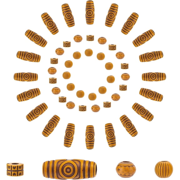80Pcs 4 Styles Wooden Braid Beads Imitation Wood Acrylic Dreadlock Hair Column Oval Round Large Hole Bead Loose Spacers for Hair Styling Decoration DIY Crafts Accessories