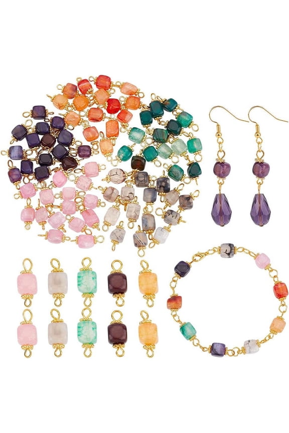 80Pcs 5 Colors Linking Charms Connector Beads Natural Agate Beads Connector Charms Cube 2 Hole Pendant Connectors for DIY