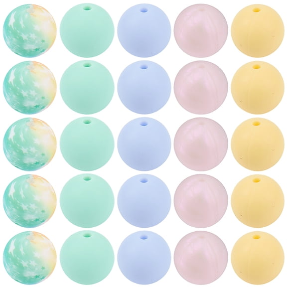 80Pcs 5 Styles Macaron Silicone Beads Round Focal Beads Bulk 1.5cm Colorful Soft Rubber Print Pattern Loose Spacers Kit DIY