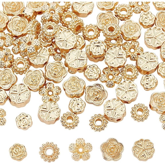 80Pcs 5 Styles Metal Flower Beads 14K Gold Plated Alloy Beads Blossom Flower Spacer Beads Flat Round Loose Bead Spacers for DIY Jewelry Making Hole: 1-2.1mm