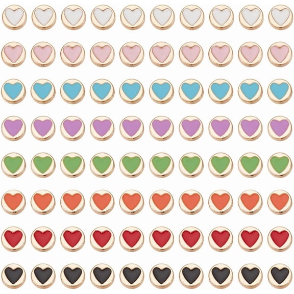 80Pcs 8 Colors Alloy Enamel Beads Light Gold Flat Round with Heart Pattern Mixed Color 8x4mm Hole: 1.5mm for DIY