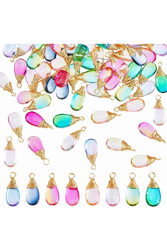 80Pcs 8 Colors Glass Drop Charms Teardrop Charm Wire Wrapped Crystal Pendants Bulk Dangle Bead with Golden Copper Transparent Water Drop Charm for Jewelry Making Necklace Earring