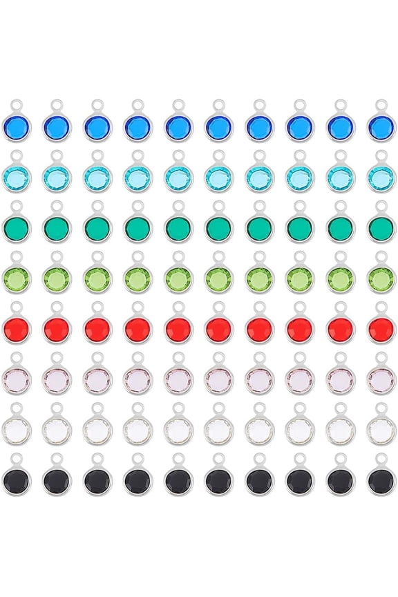 80Pcs 8 Colors Glass Rhinestone Charms Transparent Glass Earring Pendants Flat Round Birthstone Glass Charms with Stainless Steel Loops