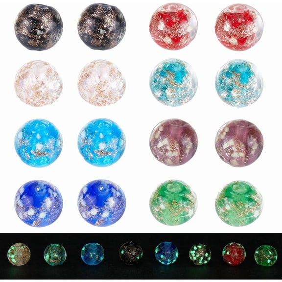 80Pcs 8 Colors Luminous Handmade Gold Sand Lampwork Beads Round Mixed Color 8x7mm Hole: 1.6mm 10pcs/color