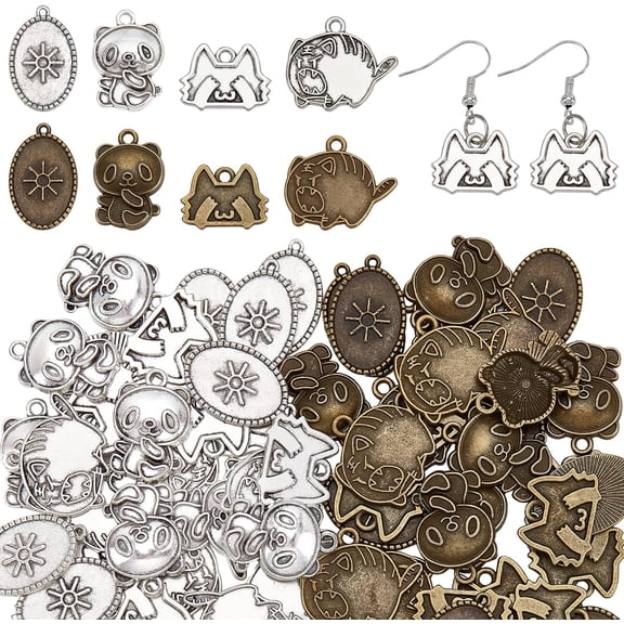 80Pcs 8 Style DIY Alloy Pendants Tibetan Cat Panda Tiger Oval Charms Pendants with Loop
