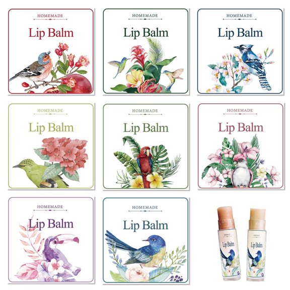 80Pcs 8 Style Lip Balm DIY Label Sticker Coated Paper Paster Self-Adhesive Stickers Square Bird Pattern 5x5cm 10pcs/style